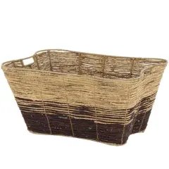 30" Brown Seagrass Handmade Oversized Color Block Storage Basket with Slot Handles
