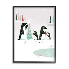 Stupell Industries Penguins Decorating Christmas Tree Framed Giclee Art Black