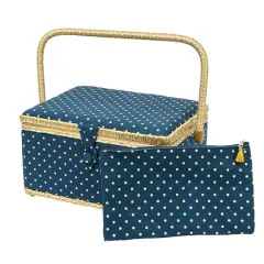 SINGER&reg; Large Blue Polka Dot Print Sewing Basket with Matching Zipper Pouch