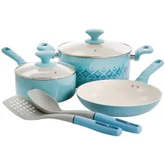 Spice by Tia Mowry Savory Saffron Light Blue 7 Piece Ceramic Nonstick Aluminum Cookware Set with Nylon Utensils