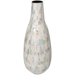 21" White Mother of Pearl Handmade Mosaic Inspired Vase with Pastel Blue and Pink Accents