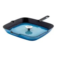 MegaChef 11" Square Blue Enamel Cast Iron Grill Pan with Matching Grill Press