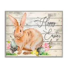 Stupell Industries Spring Floral Happy Easter Bunny Framed Giclee Art Gray