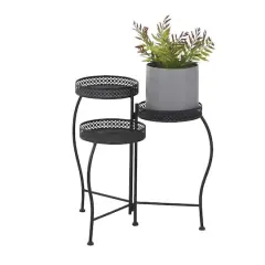 20" Metal Curved Folding 3-Tier Plant Stand with Floral & Scroll Patterns Black