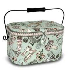 Dritz&reg; Green Sewing Print Small Oval Sewing Basket With Metal Handle