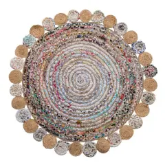 Hello Honey&reg; Multicolor Boho Round Woven Cotton Chindi and Jute Rug with Circle Trim, 4ft. x 4ft.