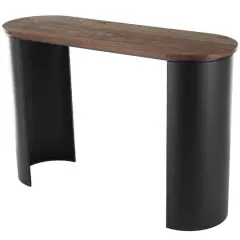 47.25" Black Wood Curved Crescent Living Room Console Table with Brown Wood Oval Tabletop
