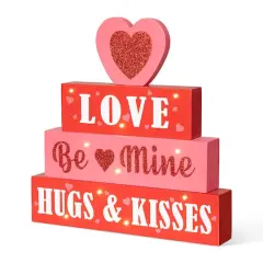 Glitzhome&reg; 11.25"Lighted Valentine's Wooden Block Table Sign