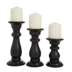 Set of 3 Black Mango Wood Traditional Candle Holders, 10" x 4" x 4"