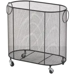 21" Metal Oval Mesh Wire Rolling Laundry Storage Cart with Ring Handles Black