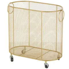 21" Metal Oval Mesh Wire Rolling Laundry Storage Cart with Ring Handles Gold