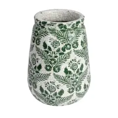 Hello Honey&reg; 10.75" Green & White Flower Patterned Terra Cotta Planter Vase with Crackle Glaze