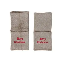 Hello Honey&reg; 10.5" Beige & Red Woven Cotton Cutlery Sleeves with Christmas Embroidery, 4ct.