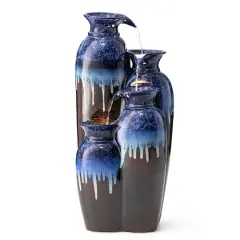 Glitzhome&reg; 30.75" 4-Tier LED Reactive Glaze Ceramic Vase Outdoor Floor Fountain Cobalt Blue and Brown