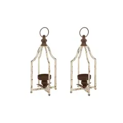 16.5" Modern Farmhouse White & Brown Metal Candle Lantern Set
