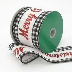 JAM Paper 2.5" x 10yd. Black & White Merry Christmas Glitter Gingham Wired Ribbon
