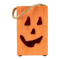 8" Large Orange Wood Jack-O-Lantern Halloween Candle Lantern