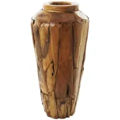 Brown Teak Wood Handmade Tall Floor Vase with Mosaic Live Edge