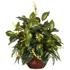 2ft. Forsythia & Mixed Greens Silk Plant in Decorative Planter