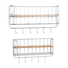 Set of 2 Silver Metal Basket & Wooden Wall Shelf Units With Hooks