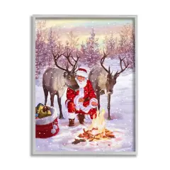 Stupell Industries Santa & Reindeer Bonfire Scene Framed Giclee Art Gray