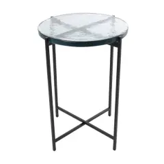 24" Metal X-Shaped Accent Table with Textured Glass Tabletop Black