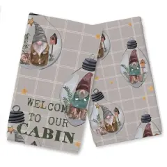 Welcome to our Cabin Gray and White Check Gnome Globe Pattern Tea Towel - Set of 2