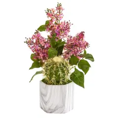 18" Lilac and Cactus Artificial Arrangement in Marble Vase