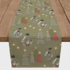 72" Green Tree & Globe Pattern Cotton Twill Runner