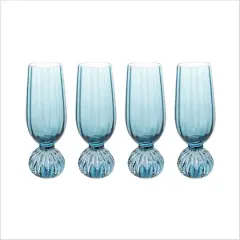 Hello Honey 8-Ounce Pleated Footed Champagne Glass, Blue, Set of 4