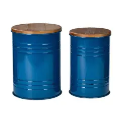Glitzhome&reg; Metal Storage Accent Table with Solid Wood Lid Set Navy Blue