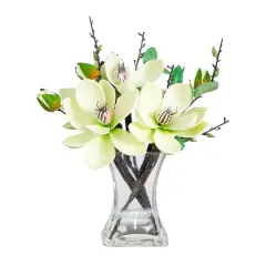 15" White Magnolia Arrangement with Glass Vase