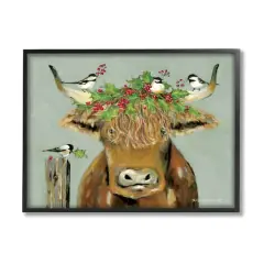 Stupell Industries Cattle & Birds Holiday Holly Framed Giclee Art Black