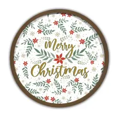 Merry Christmas Botanical Round Wall Art in Brown Frame