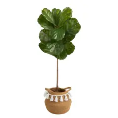 4ft. Fiddle Leaf Artificial Tree in Boho Chic Handmade Natural Cotton Woven Planter with Tassels UV Resistant (Indoor/Outdoor)