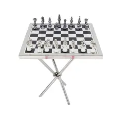Silver Aluminum Contemporary Game Set Table, 4" x 25" x 22"