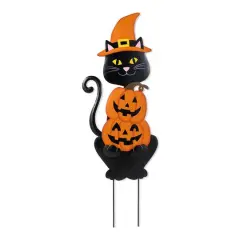 Glitzhome&reg; 36"H Halloween Metal Black Cat with Spring Head and Stacked Pumpkin Yard Stake
