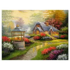 Designart - Sunset Stone Country Cottage - Floral Painting Print on Wrapped Canvas