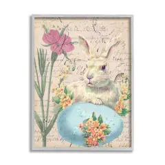Stupell Industries Easter Bunny Spring Blue Egg Vintage Postal Script Framed Wall Art Gray