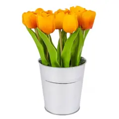 9" Tulip Bouquet in Metal Pot Orange