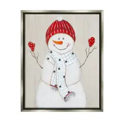 Stupell Industries Seasonal Snowman Smiling Red Hat Framed Floater Canvas Wall Art Gray