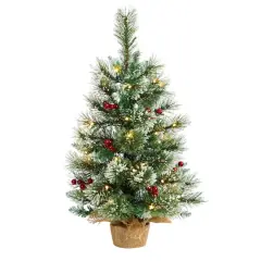 2ft. Pre-Lit Flocked Pine & Berry Artificial Christmas Tree in Burlap Base, Warm White LED Lights