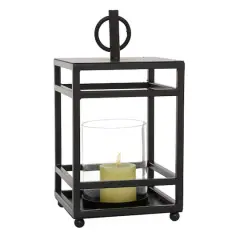 Black Iron Contemporary Candle Holder Lantern, 16" x 8" x 8"