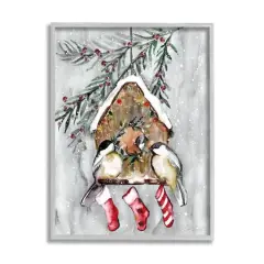 Stupell Industries Holiday Stockings Birdhouse Perched Framed Giclee Art Gray