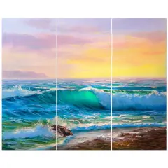 Designart - Sunsets over ocean waves - Sea & Shore Painting Print on Wrapped Canvas set