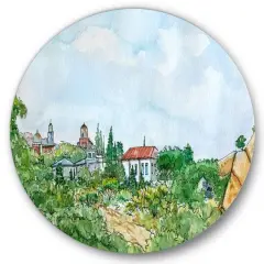Designart - White House With Red Roof In The Countryside - Traditional Metal Circle Wall Art