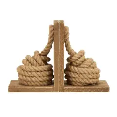 7" Brown Wood Knot Rope Bookends with Distressed L-Shaped Stands Set