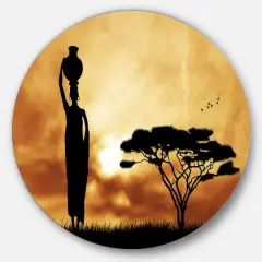 Designart - African Woman and Lonely Tree' African Landscape Metal Circle Wall Art