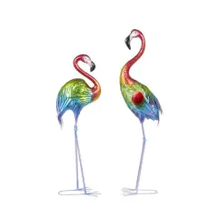 Tall Rainbow Textured Metal Flamingo Garden Sculpture Set