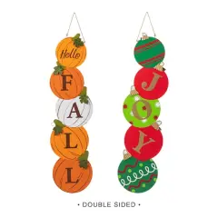 Glitzhome&reg; 41.75" Fall and Christmas Double-Sided Wooden Pumpkin and Ornament Porch Sign